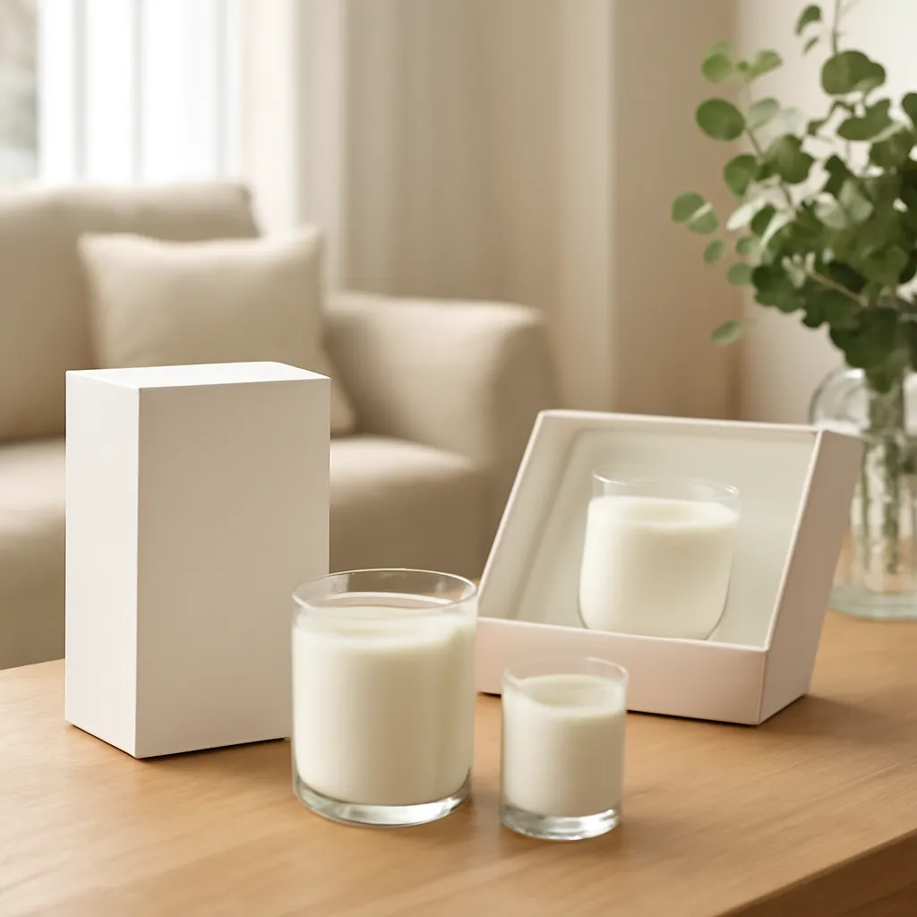 Lifestyle image: premium scented candle gift set with coordinated packaging placed naturally in an American home or event setting, realistic light, uncluttered styling, no text