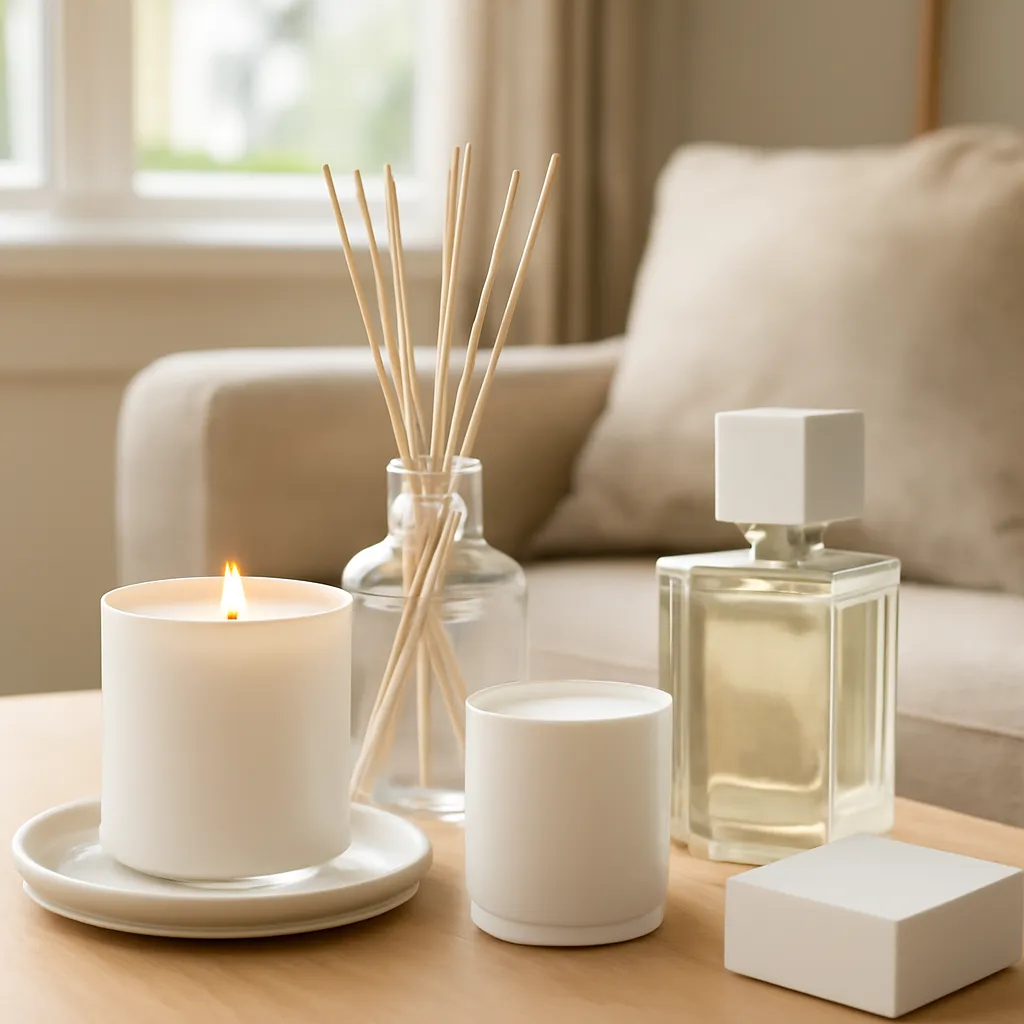 Lifestyle image: fine-fragrance inspired candles beside elegant perfume styling placed naturally in an American home or event setting, realistic light, uncluttered styling, no text
