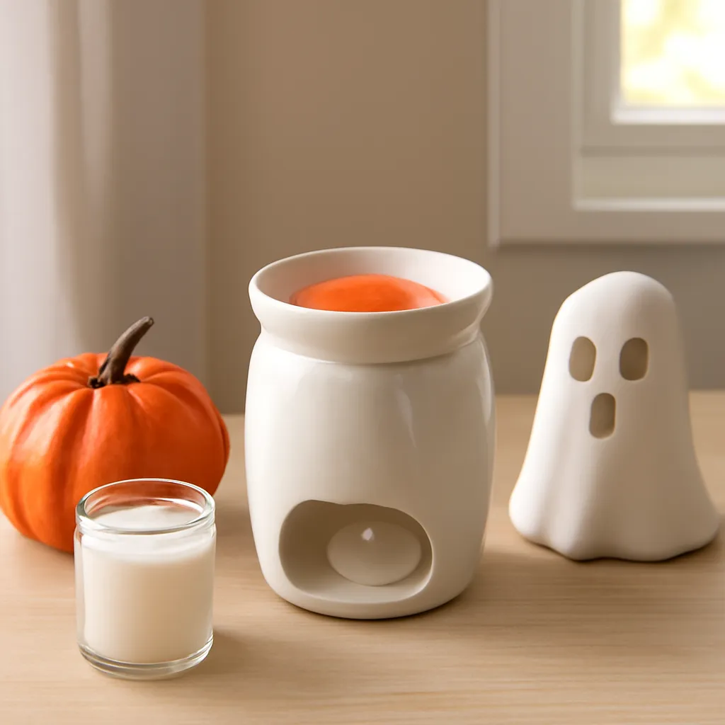 Lifestyle image: simple Halloween wax warmer setup with three decorative accents placed naturally in an American home, realistic lighting, safe clearances, uncluttered background, no text