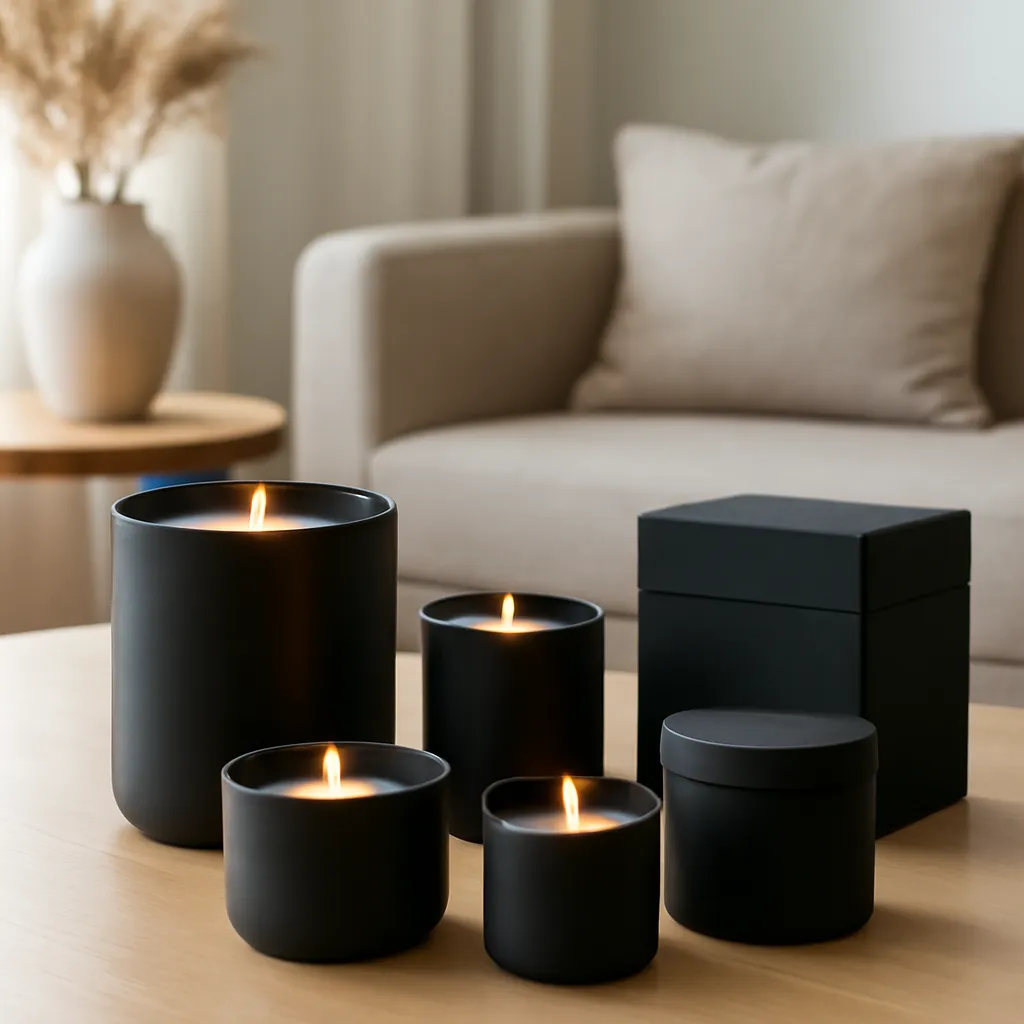 Lifestyle image: refined dark-toned candle collection for modern interiors placed naturally in an American home or event setting, realistic light, uncluttered styling, no text