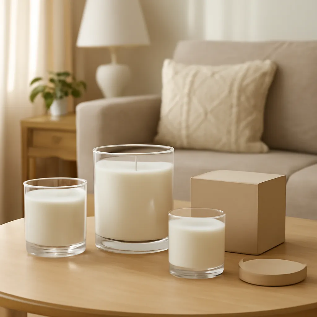 Lifestyle scene: affordable candles with premium visual quality placed naturally in an American home, cozy but uncluttered, realistic daylight, no text