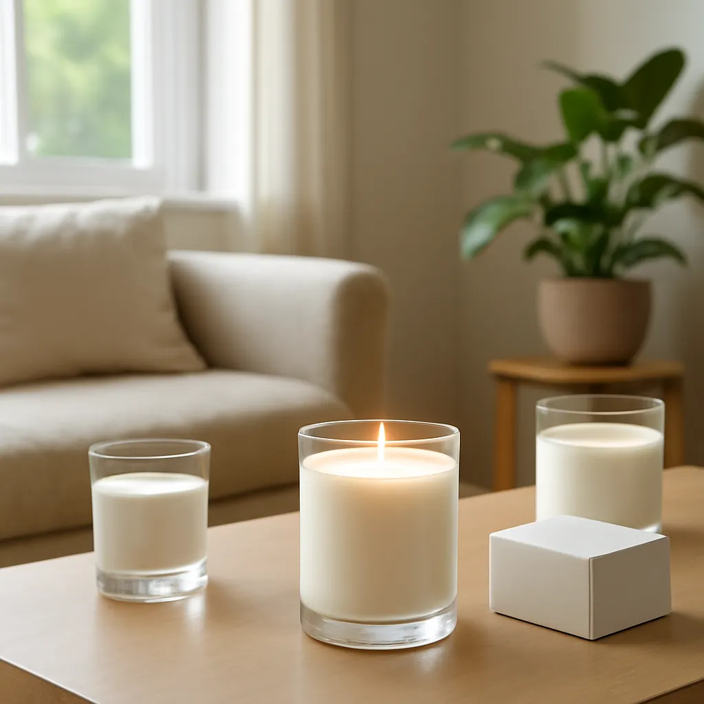 Lifestyle image: clean candle use in a ventilated modern room placed naturally in an American home or event setting, realistic light, uncluttered background, no text