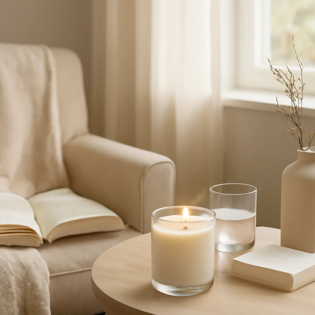 Lifestyle image: calm evening reading corner with a softly scented candle placed naturally in an American home or event setting, realistic light, uncluttered styling, no text