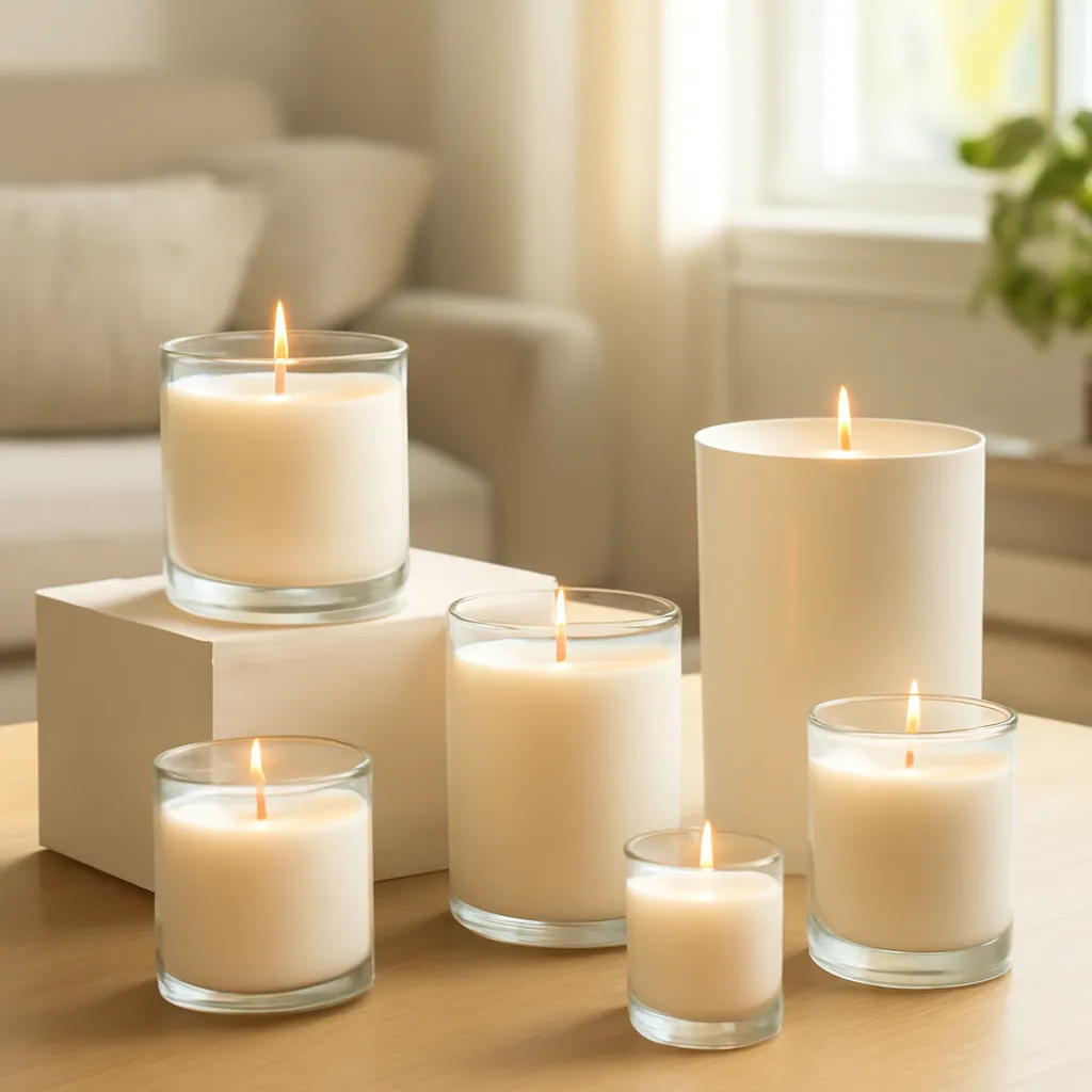 Lifestyle image: six refined vanilla candle profiles placed naturally in an American home or event setting, realistic light, uncluttered styling, no text
