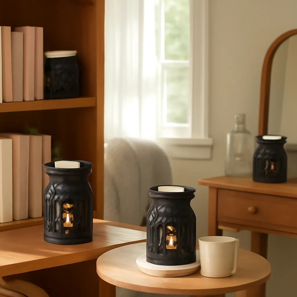 Lifestyle image: three Gothic wax warmer scenes: bookshelf, reading nook and vanity placed naturally in an American home, realistic lighting, safe clearances, uncluttered background, no text