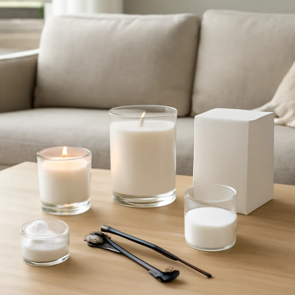 Lifestyle scene: professional candle care setup placed naturally in an American home, cozy but uncluttered, realistic daylight, no text