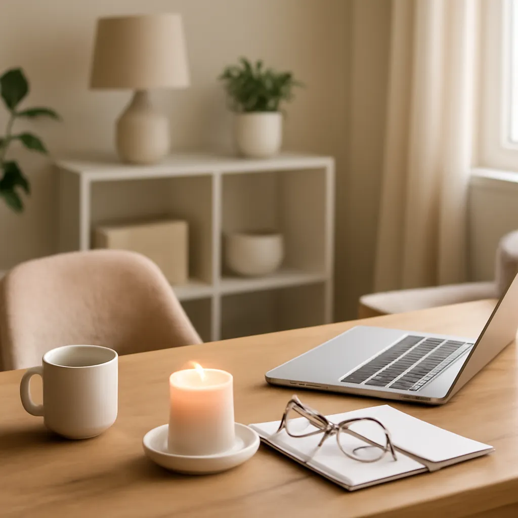 Lifestyle image: cozy productive home office with candle placed naturally in an American home or event setting, realistic light, uncluttered background, no text