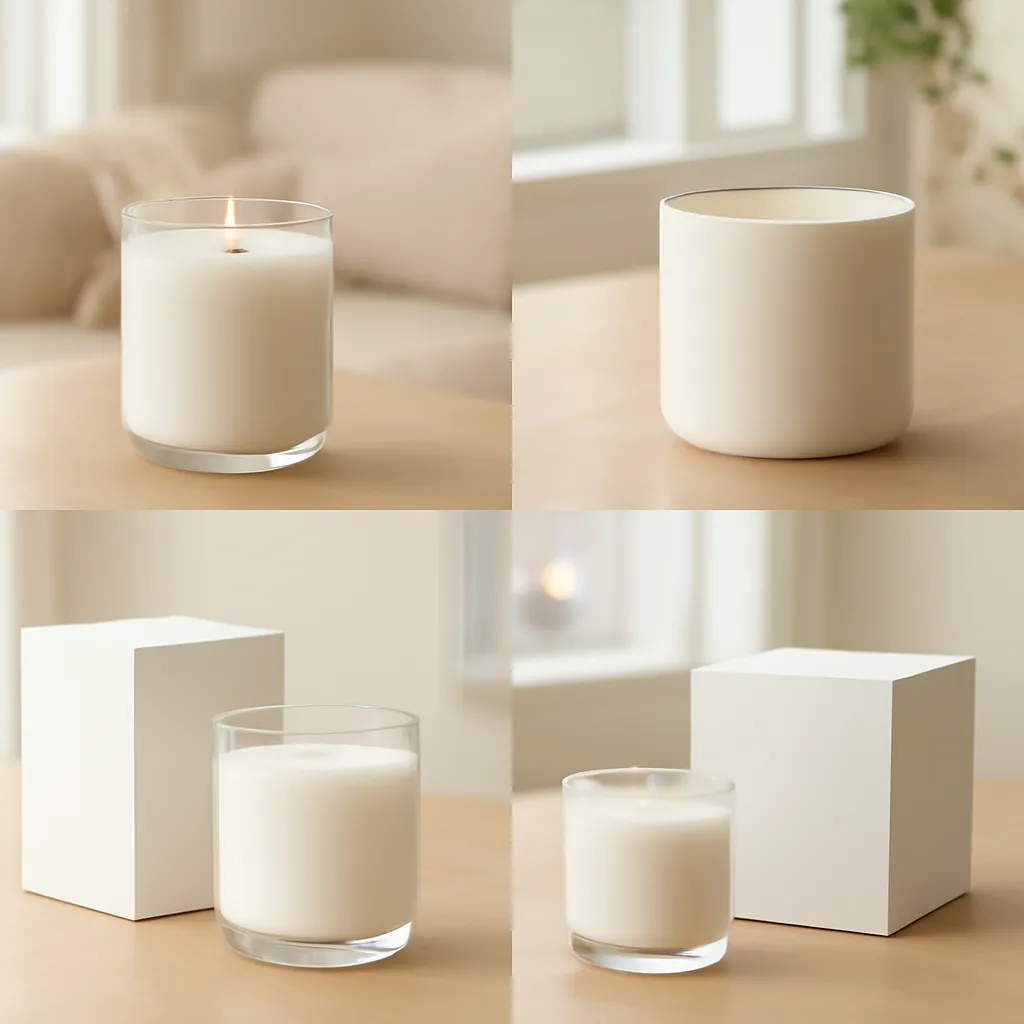Lifestyle image: popular candle fragrance families displayed in a clean grid placed naturally in an American home or event setting, realistic light, uncluttered styling, no text