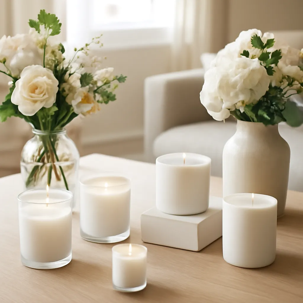 Lifestyle image: modern floral candle collection with botanical styling placed naturally in an American home or event setting, realistic light, uncluttered styling, no text