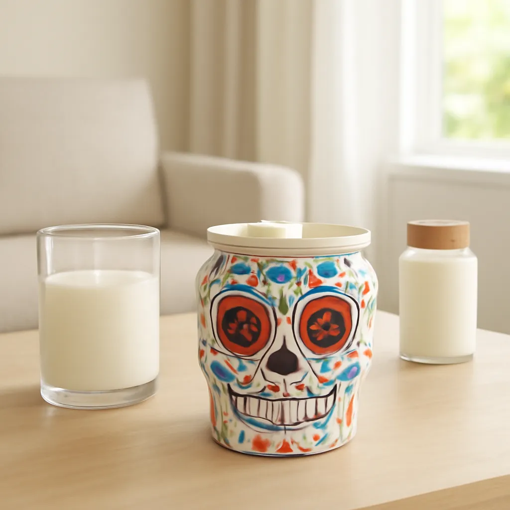 Lifestyle image: colorful sugar skull wax warmer in a refined neutral space placed naturally in an American home, realistic lighting, safe clearances, uncluttered background, no text