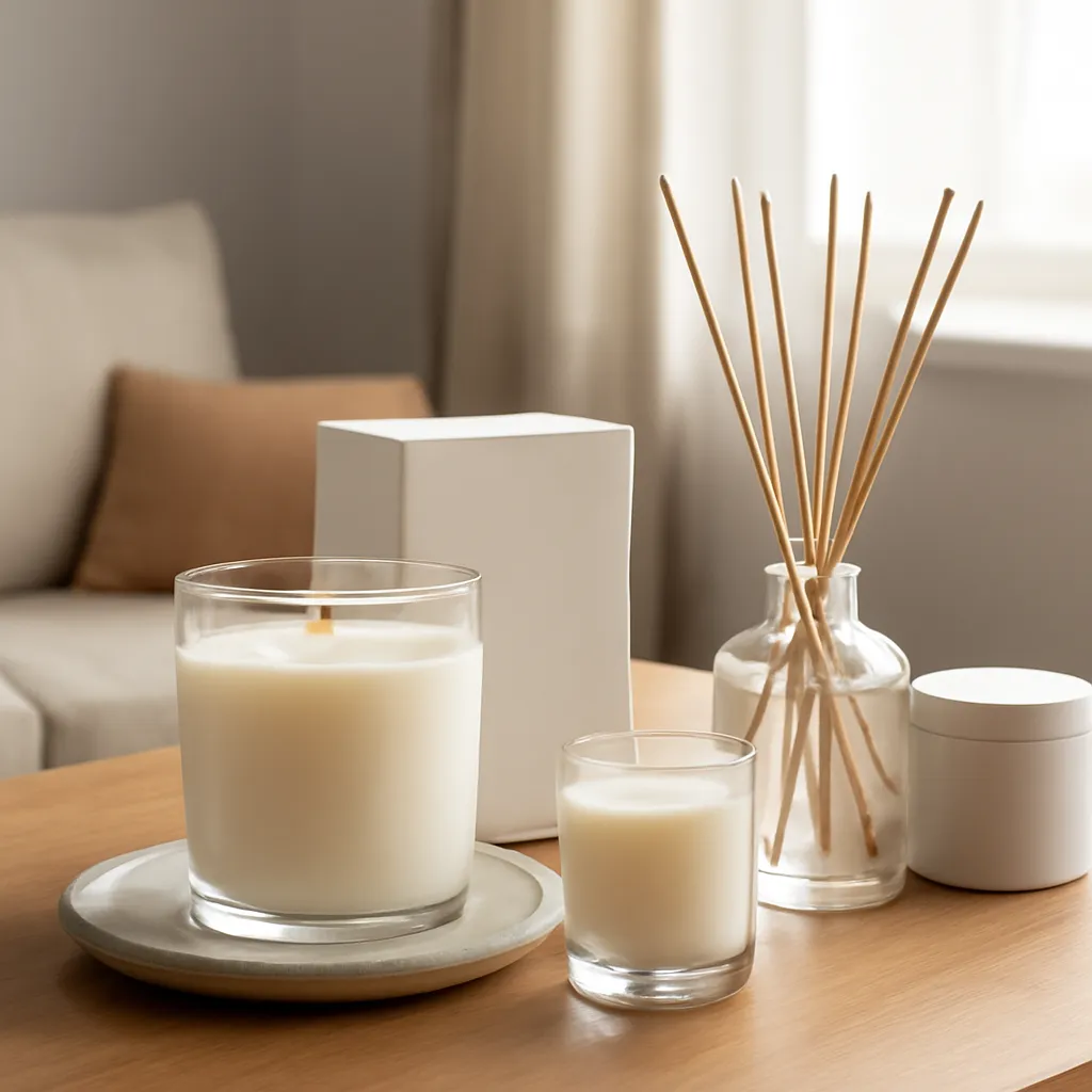 Lifestyle image: layered signature home fragrance placed naturally in an American home or event setting, realistic light, uncluttered background, no text