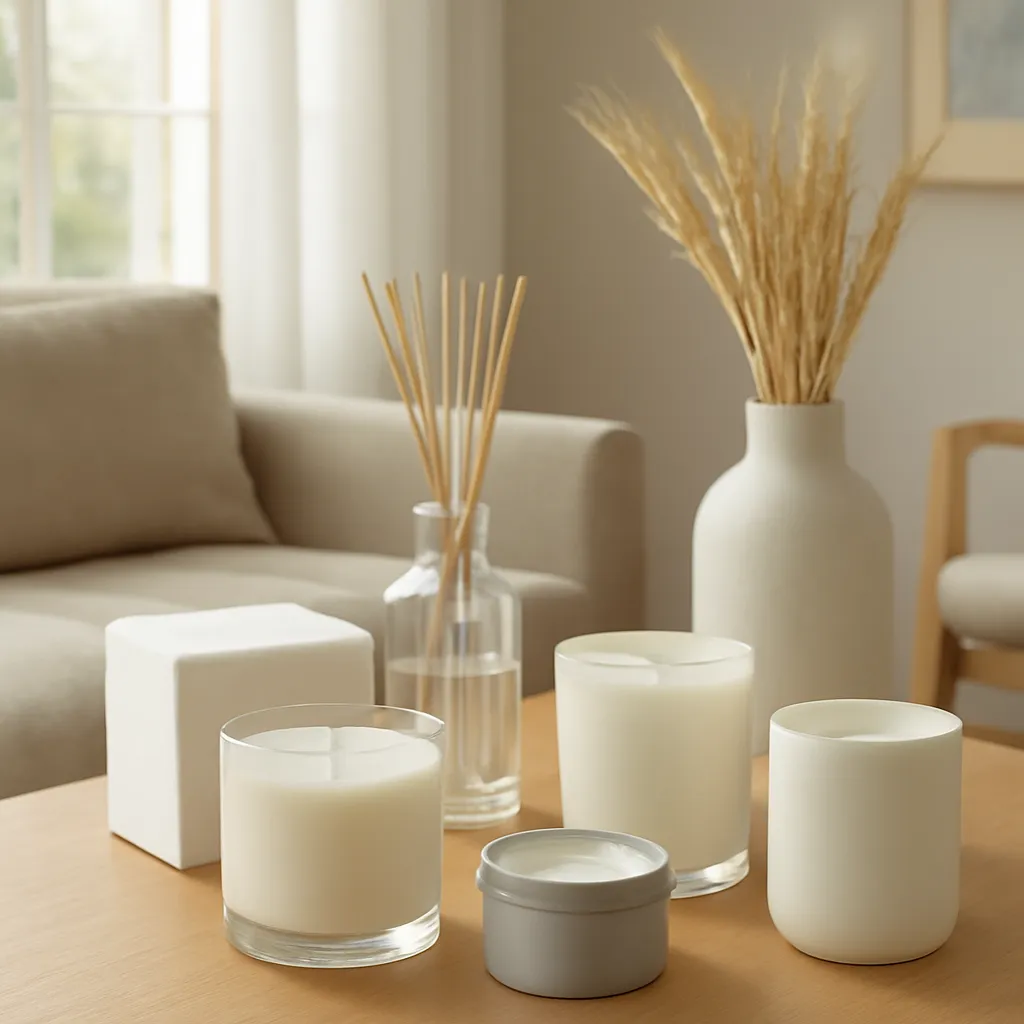 Lifestyle image: refined unusual candle scent concepts placed naturally in an American home or event setting, realistic light, uncluttered styling, no text