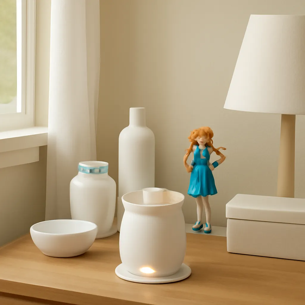 Lifestyle image: anime-inspired wax warmer corner with organized collectibles placed naturally in an American home, realistic lighting, safe clearances, uncluttered background, no text