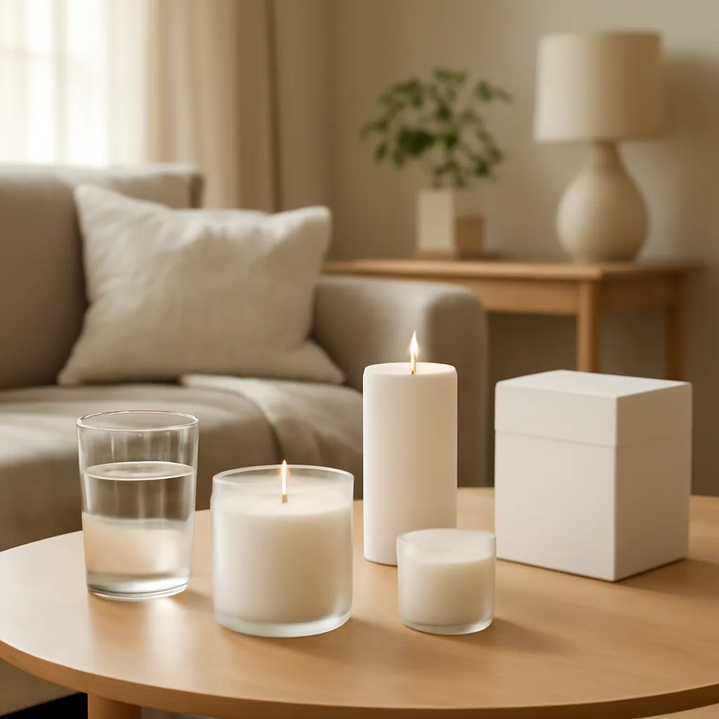 Lifestyle scene: candle problem diagnostic grid placed naturally in an American home, cozy but uncluttered, realistic daylight, no text