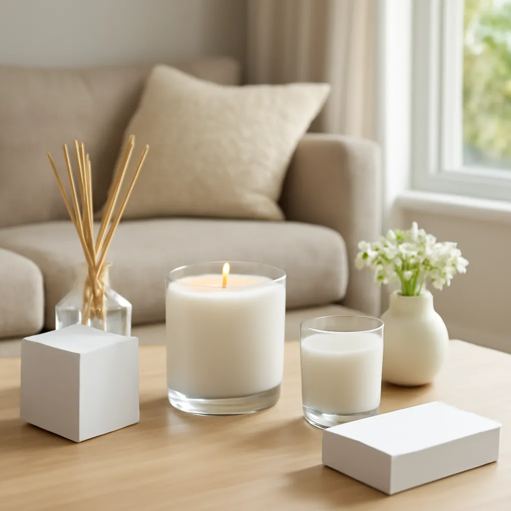 Lifestyle image: online product descriptions and scent notes placed naturally in an American home or event setting, realistic light, uncluttered background, no text