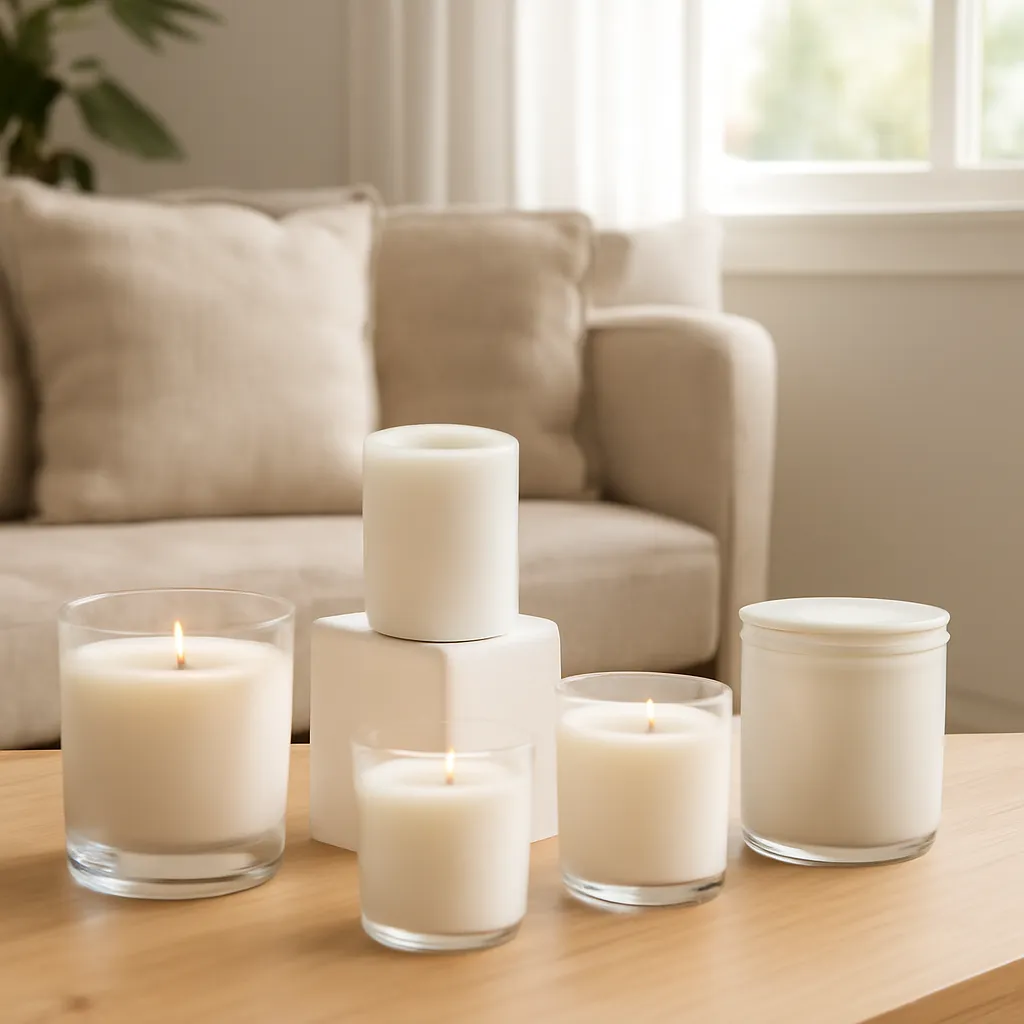 Lifestyle image: six sophisticated vanilla candle profiles placed naturally in an American home or event setting, realistic light, uncluttered styling, no text
