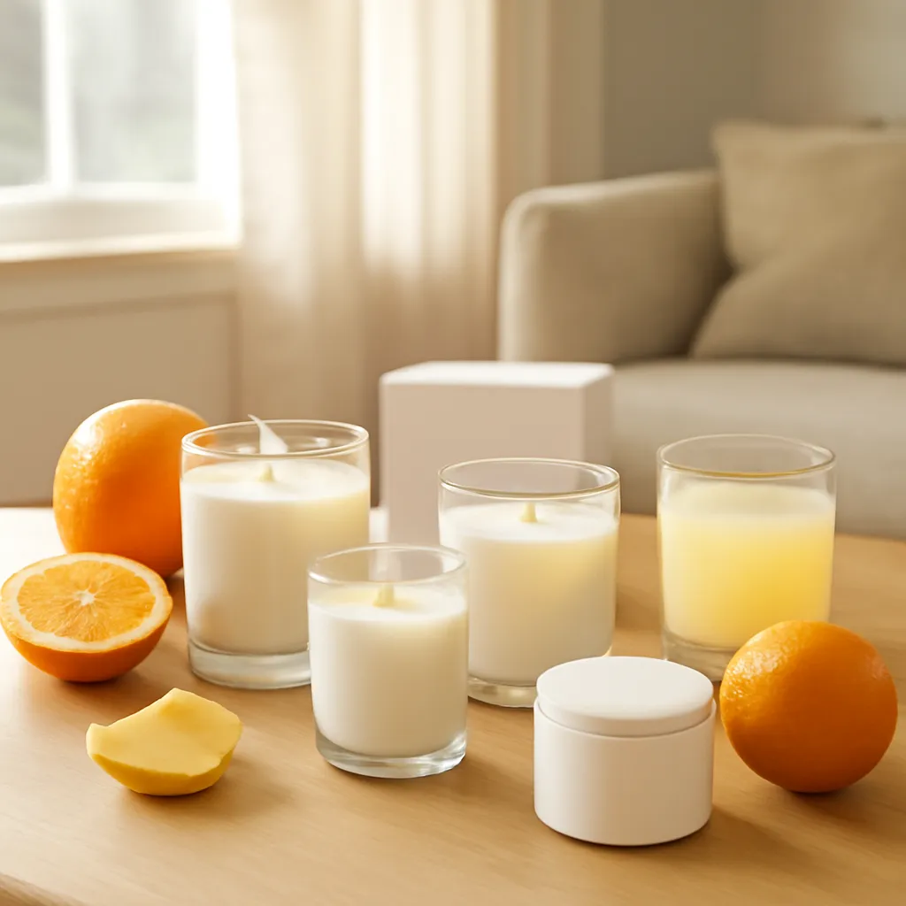 Lifestyle image: fresh fruit and citrus candle collection in natural daylight placed naturally in an American home or event setting, realistic light, uncluttered styling, no text