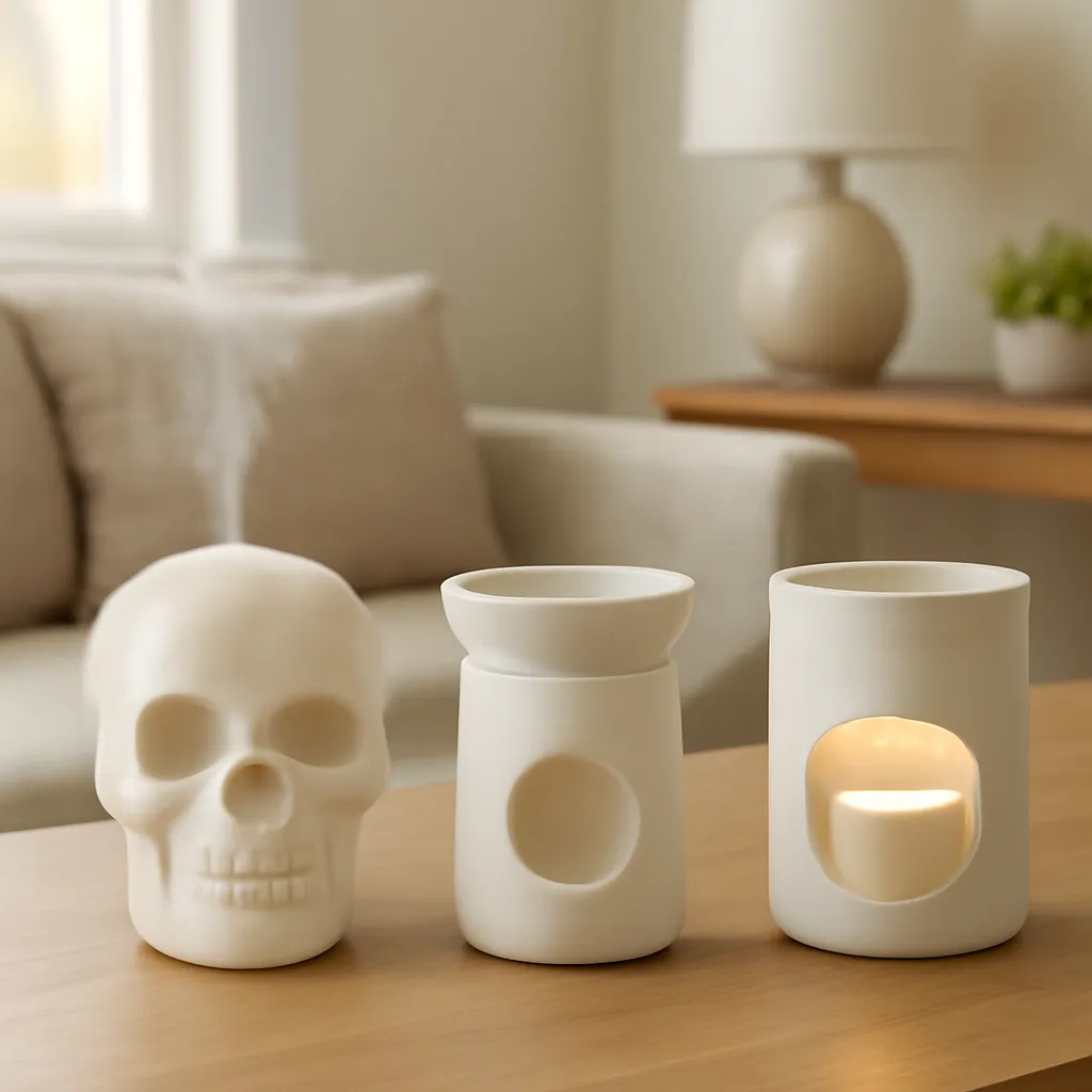 Lifestyle image: skull diffuser, wax warmer and candle warmer compared together placed naturally in an American home, realistic lighting, safe clearances, uncluttered background, no text