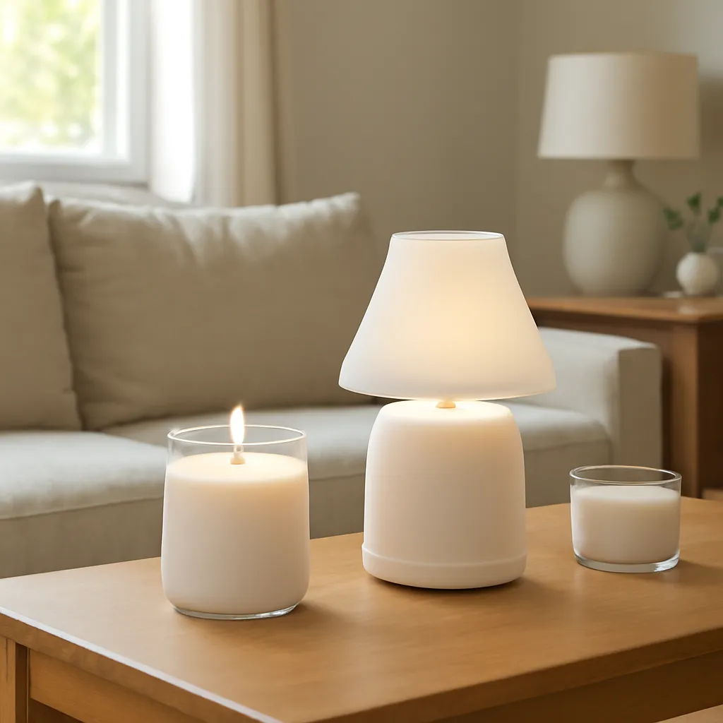 Lifestyle scene: traditional candle and warmer lamp comparison placed naturally in an American home, cozy but uncluttered, realistic daylight, no text