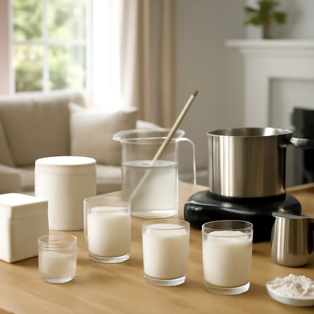 Lifestyle image: advanced candle-making laboratory-style workspace placed naturally in an American home or event setting, realistic light, uncluttered background, no text