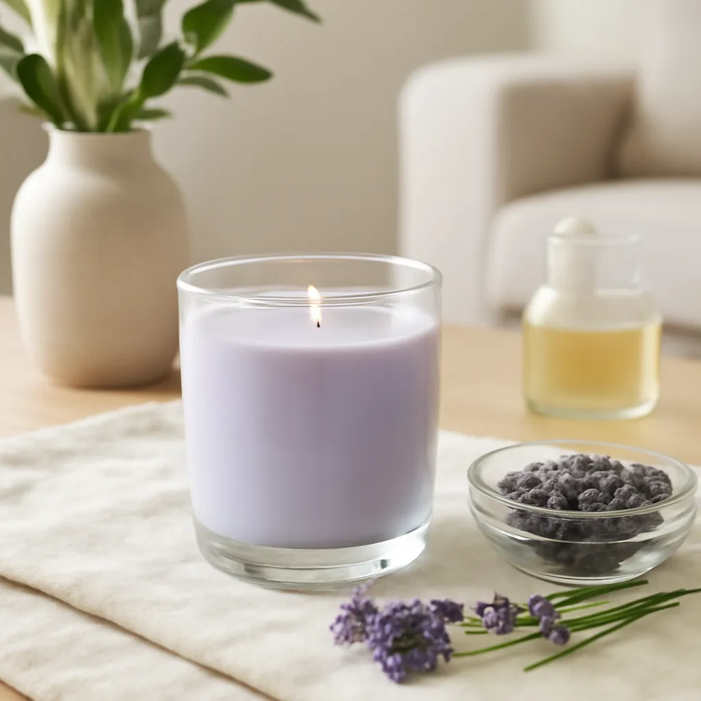 Lifestyle image: elegant lavender candle with herbal ingredients placed naturally in an American home or event setting, realistic light, uncluttered styling, no text