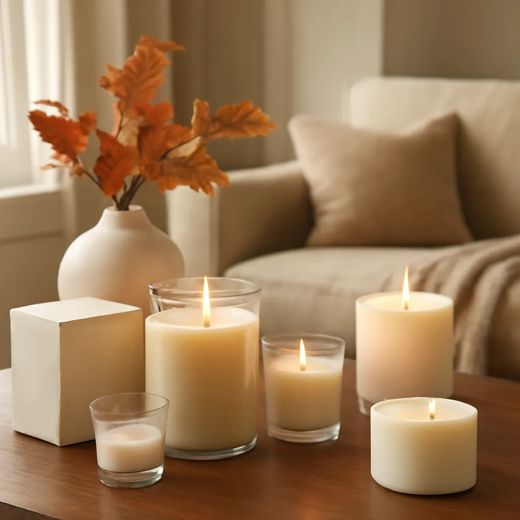 Lifestyle image: warm autumn candle collection in a refined home placed naturally in an American home or event setting, realistic light, uncluttered styling, no text