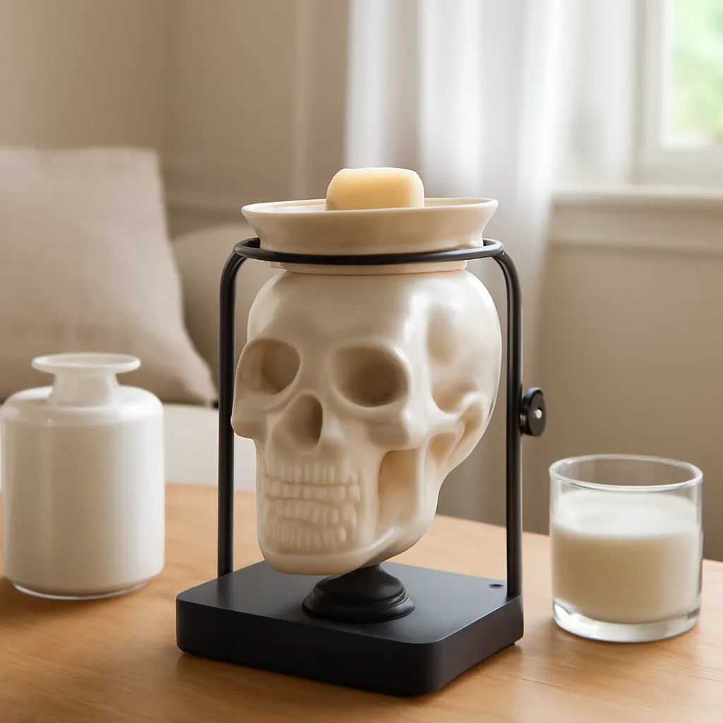 Lifestyle image: close-up of skull candle warmer controls and adjustable structure placed naturally in an American home, realistic lighting, safe clearances, uncluttered background, no text
