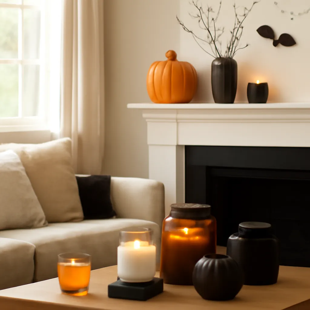 Lifestyle scene: elegant black cream amber Halloween styling placed naturally in an American home, cozy but uncluttered, realistic daylight, no text