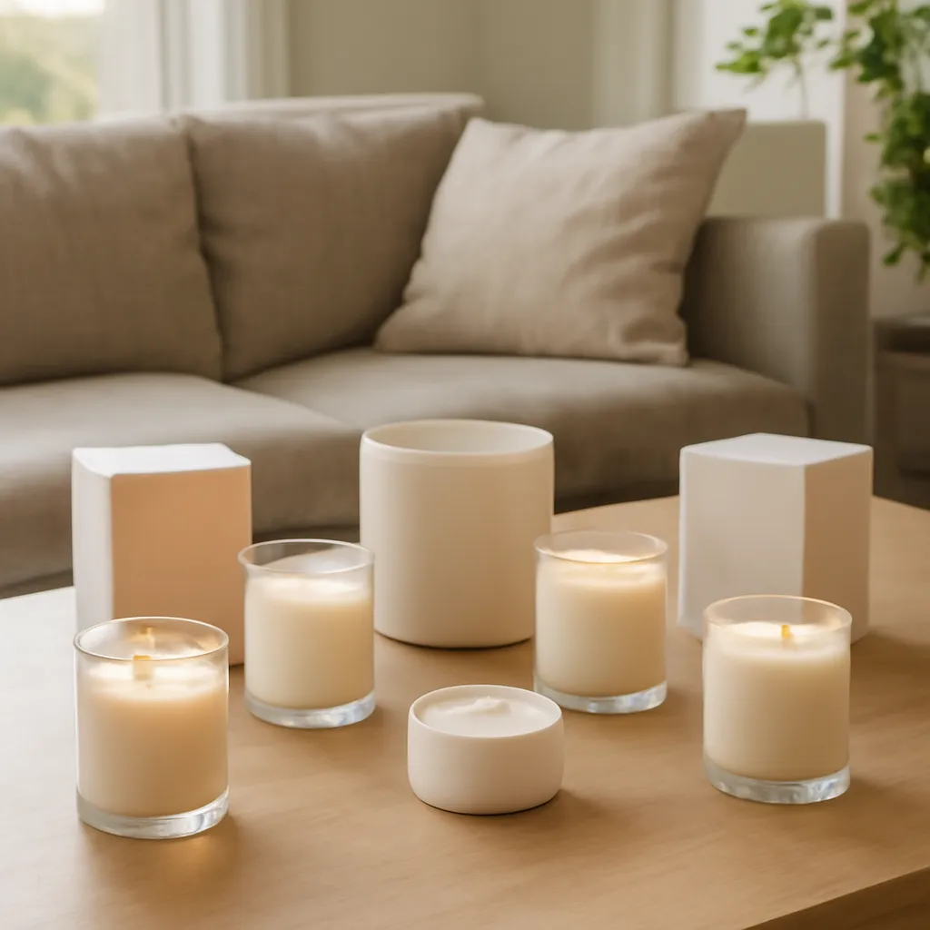 Lifestyle image: ten creative coffee candle concepts placed naturally in an American home or event setting, realistic light, uncluttered background, no text