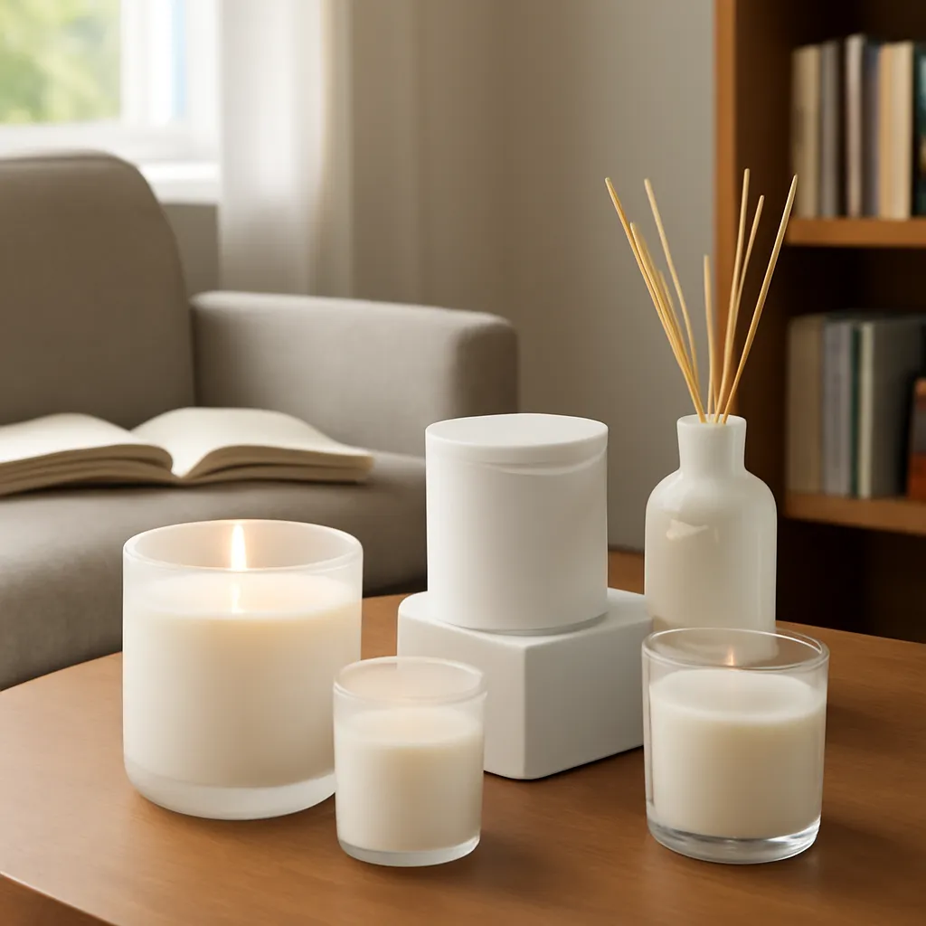 Lifestyle image: luxury woody candle collection in a reading room placed naturally in an American home or event setting, realistic light, uncluttered styling, no text