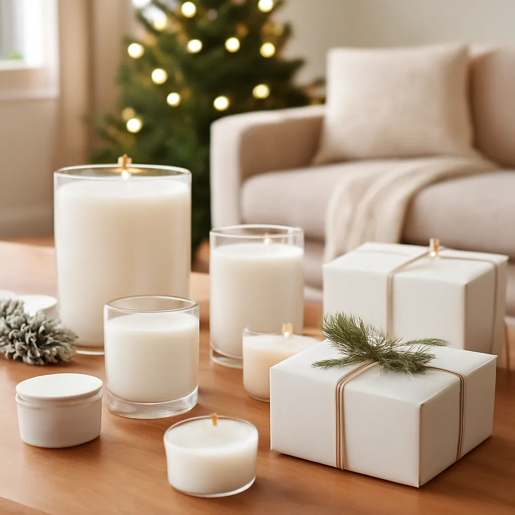 Lifestyle image: elegant Christmas candle collection with gift-ready styling placed naturally in an American home or event setting, realistic light, uncluttered styling, no text