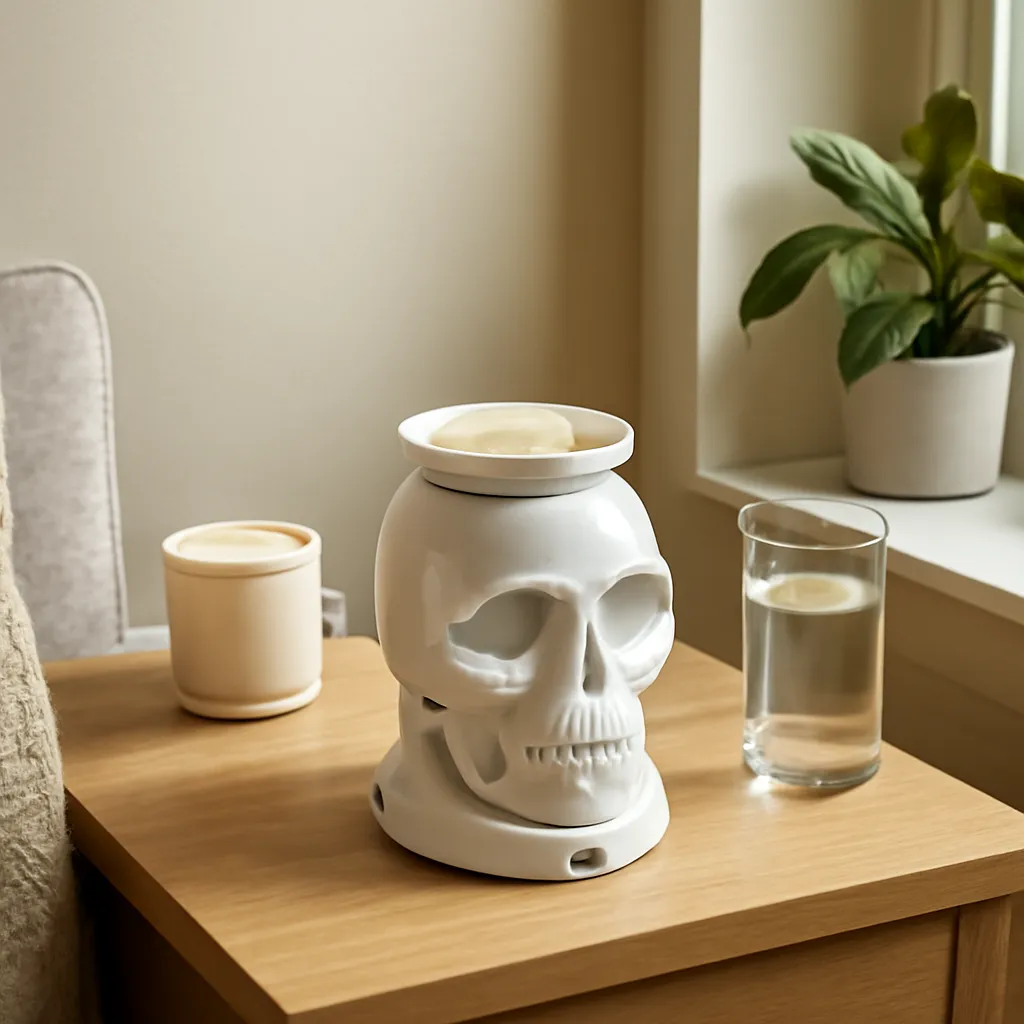 Lifestyle image: compact electric skull wax warmer in a small apartment corner placed naturally in an American home, realistic lighting, safe clearances, uncluttered background, no text