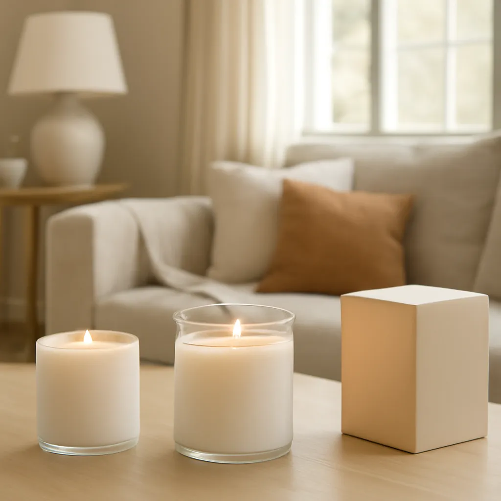 Lifestyle scene: three-style fall candle interior comparison placed naturally in an American home, cozy but uncluttered, realistic daylight, no text