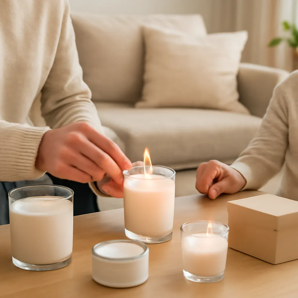 Lifestyle image: carefully supervised candle use in a family home placed naturally in an American home or event setting, realistic light, uncluttered background, no text