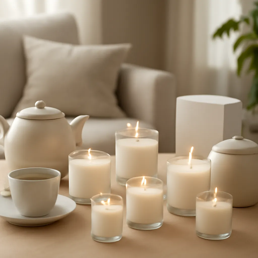 Lifestyle image: refined tea candle collection beside ceramic teaware placed naturally in an American home or event setting, realistic light, uncluttered styling, no text