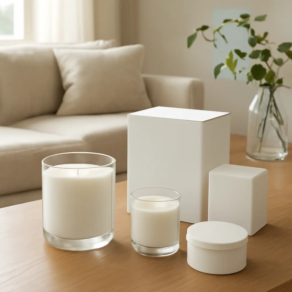Lifestyle image: premium scented candle gift set with coordinated packaging placed naturally in an American home or event setting, realistic light, uncluttered styling, no text