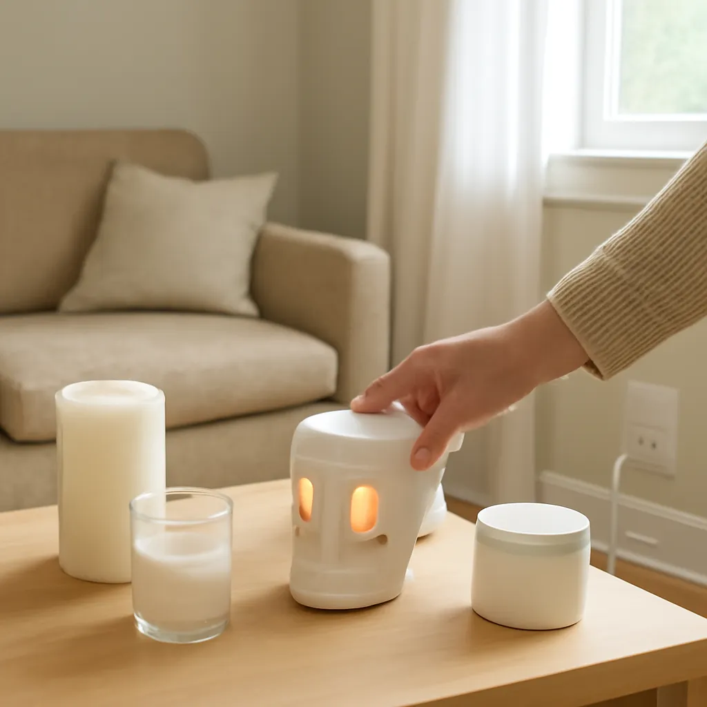 Lifestyle image: skull candle warmer troubleshooting with common problem callouts placed naturally in an American home, realistic lighting, safe clearances, uncluttered background, no text