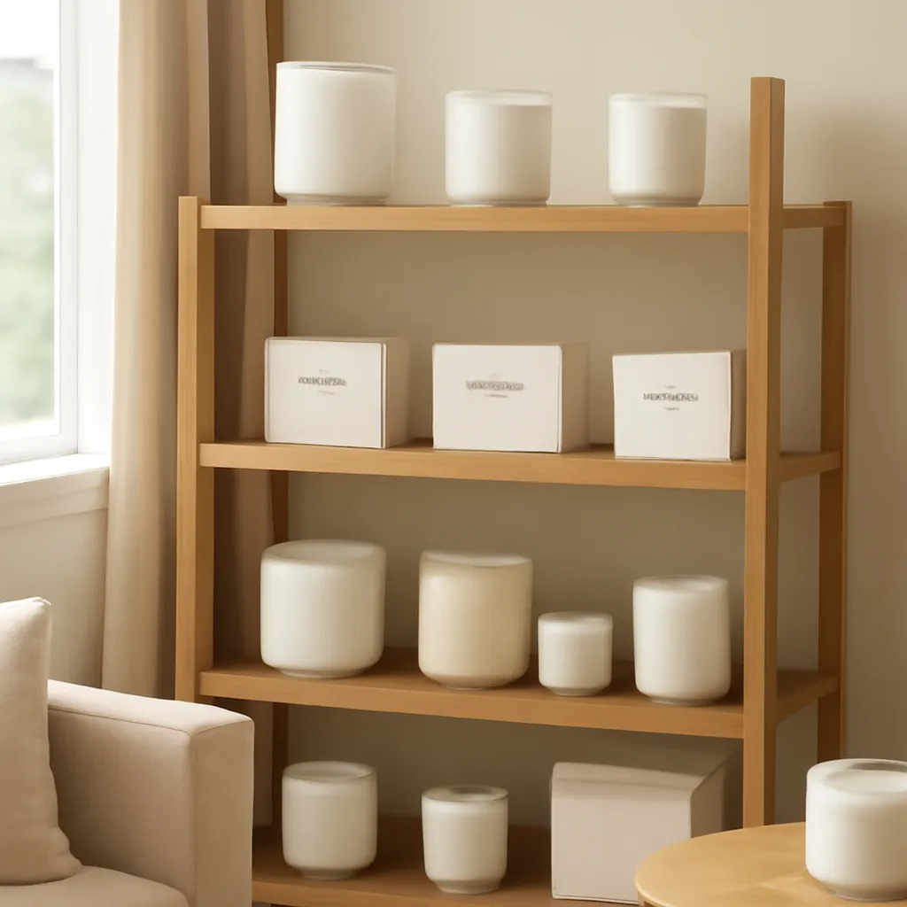 Lifestyle image: an elegant candle scent library arranged by fragrance family placed naturally in an American home or event setting, realistic light, uncluttered styling, no text