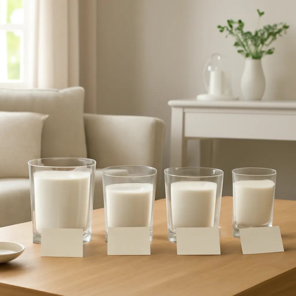 Lifestyle image: organized candle fragrance catalog with labeled scent families placed naturally in an American home or event setting, realistic light, uncluttered styling, no text