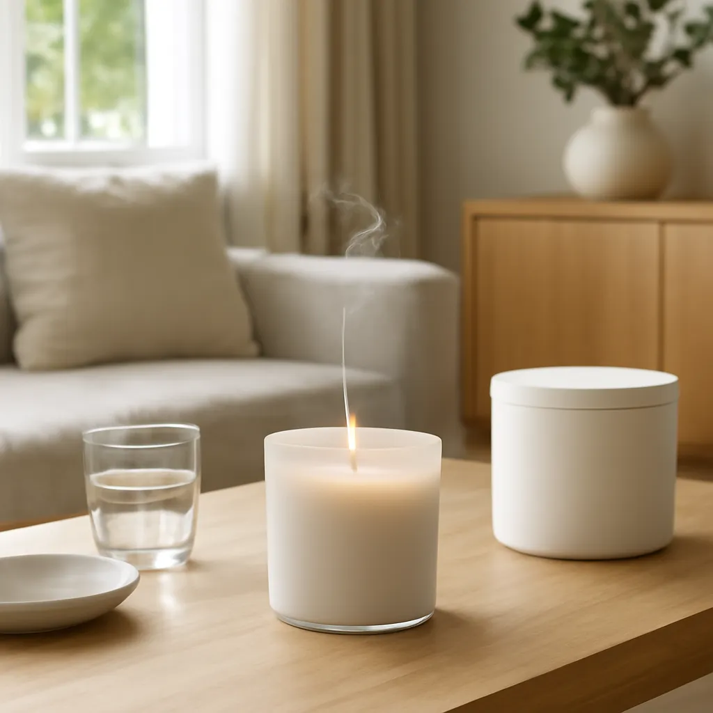 Lifestyle image: visible fragrance diffusion from a candle through a modern room placed naturally in an American home or event setting, realistic light, uncluttered styling, no text