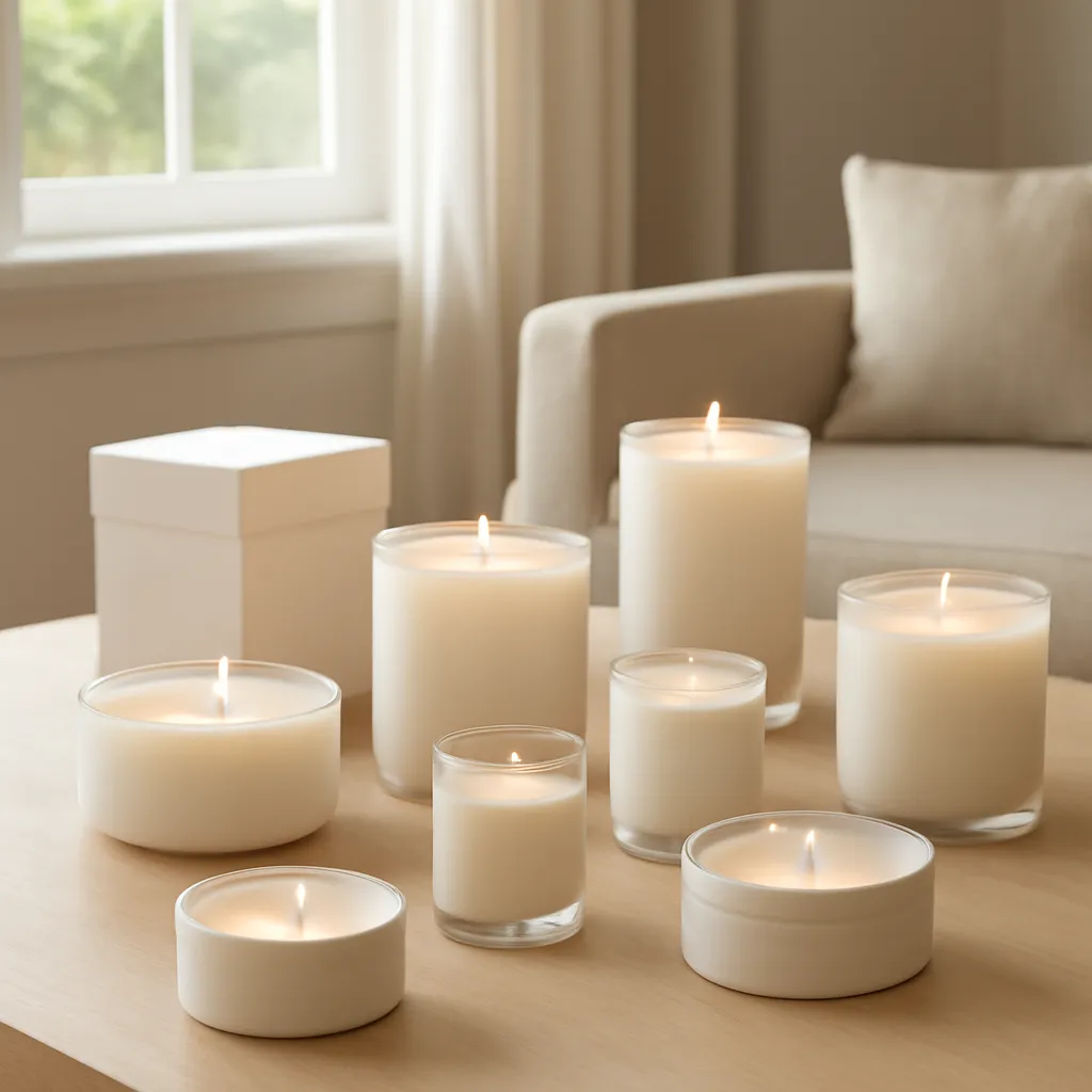 Lifestyle image: a complete premium scented candle collection representing multiple waxes and formats placed naturally in an American home or event setting, realistic light, uncluttered styling, no text