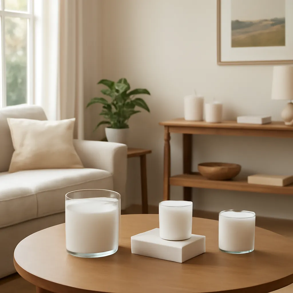 Lifestyle image: six-room American home styled with coordinated scented candles placed naturally in an American home or event setting, realistic light, uncluttered styling, no text