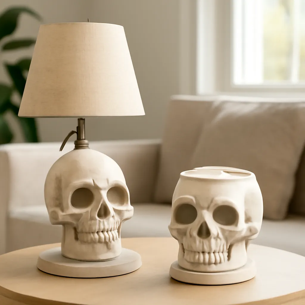 Lifestyle image: side-by-side skull candle warmer lamp and skull wax warmer placed naturally in an American home, realistic lighting, safe clearances, uncluttered background, no text