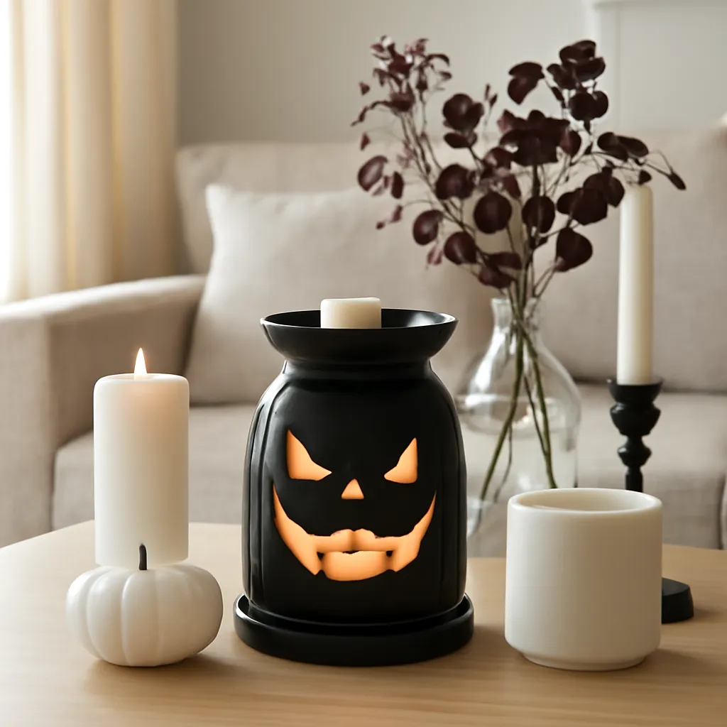 Lifestyle image: spooky candle warmer styled with elegant Halloween decorations placed naturally in an American home, realistic lighting, safe clearances, uncluttered background, no text