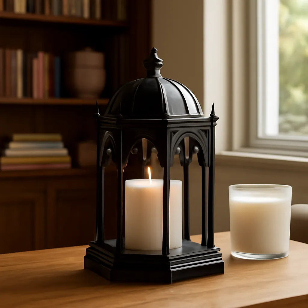 Lifestyle image: elegant Gothic candle warmer in a dark library-inspired interior placed naturally in an American home, realistic lighting, safe clearances, uncluttered background, no text