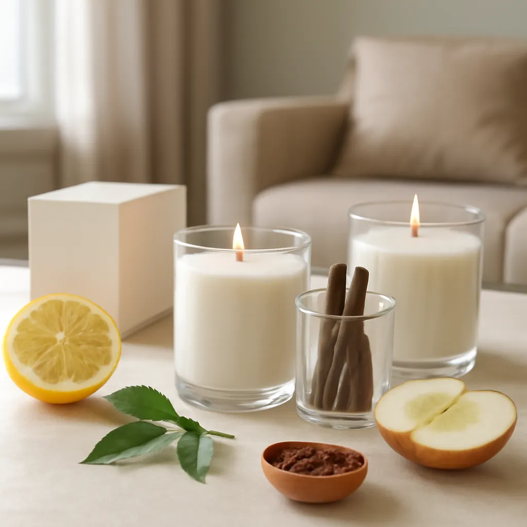 Lifestyle image: elegant scented candles with realistic fragrance ingredients placed naturally in an American home or event setting, realistic light, uncluttered styling, no text