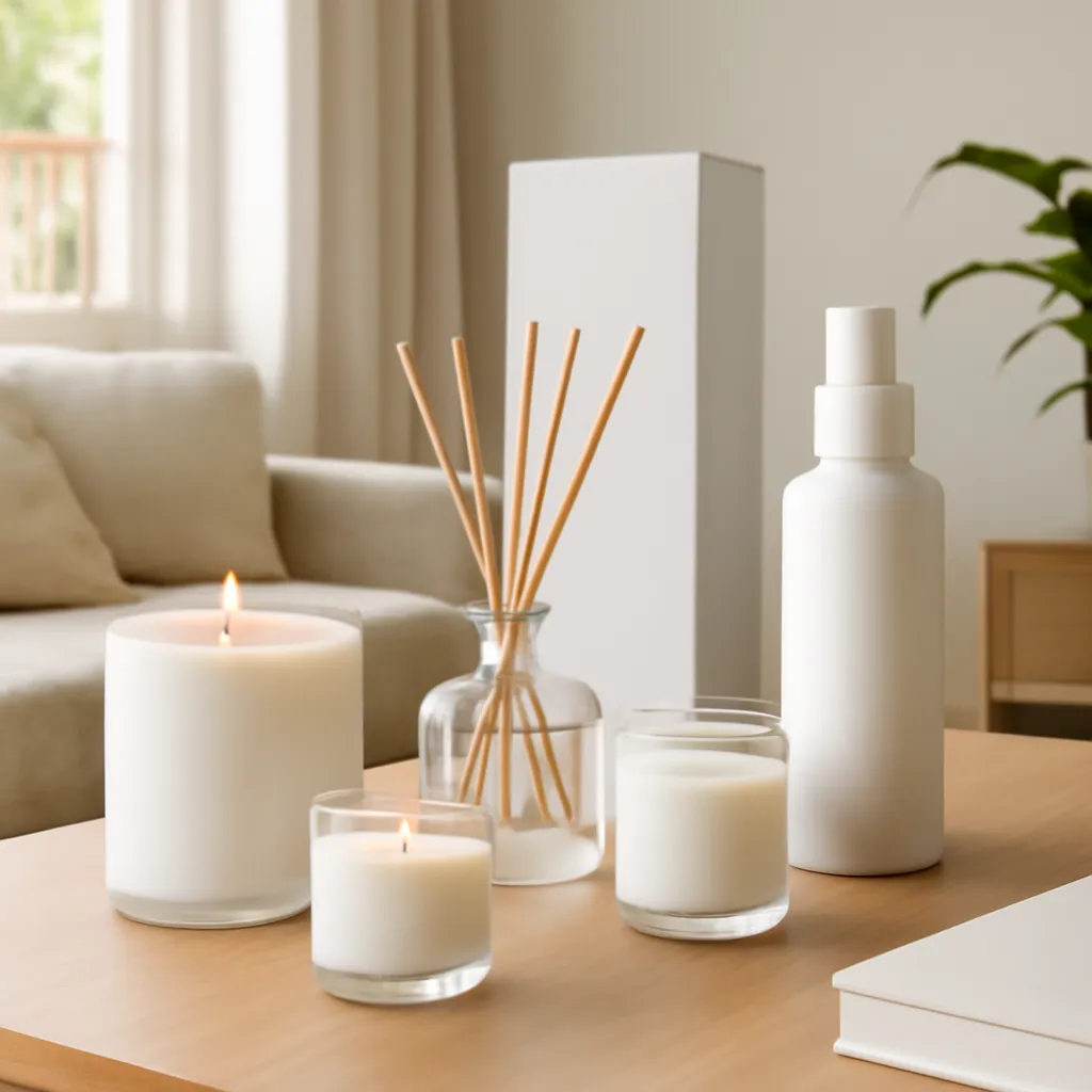 Lifestyle image: six-room home fragrance collage placed naturally in an American home or event setting, realistic light, uncluttered background, no text