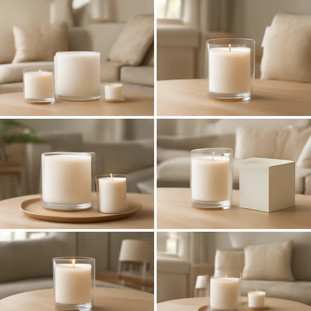 Lifestyle scene: six-room American home candle collage placed naturally in an American home, cozy but uncluttered, realistic daylight, no text