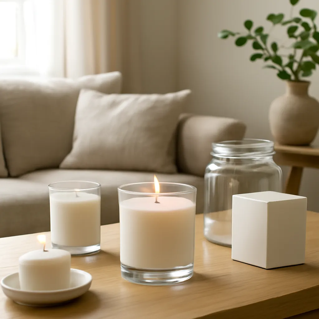Lifestyle image: long-lasting candle fragrance in a calm home interior placed naturally in an American home or event setting, realistic light, uncluttered styling, no text