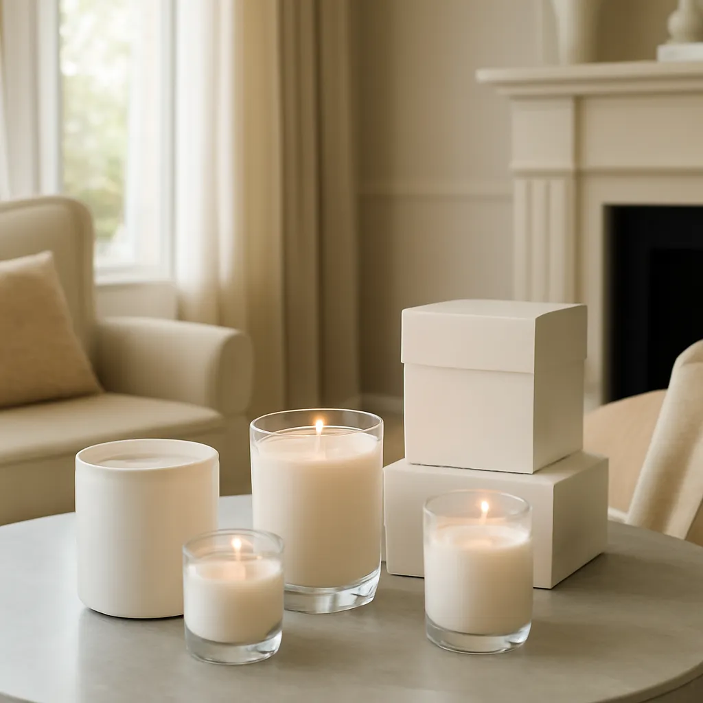 Lifestyle image: high-end candle collection in a refined hotel-inspired interior placed naturally in an American home or event setting, realistic light, uncluttered styling, no text